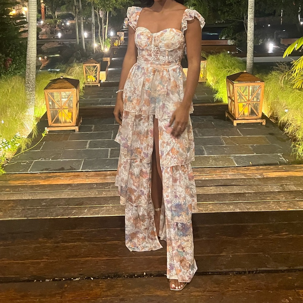 Formal Dress for a Tropical Wedding. Flower stamp. Bouquet Dress